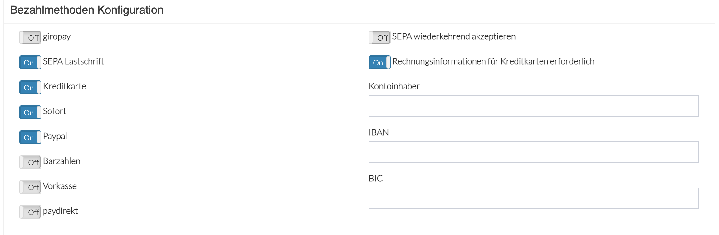 JetztZahlen Dashboard Bezahlmethoden Konfiguration